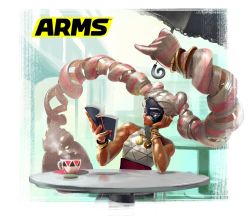 Rule 34 | 1girl, arms (game), blue eyes, book, drill hair, mask, nail polish, official art, open book, parasol, reading, twin drills, twintails, twintelle (arms)