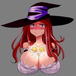 Rule 34 | bare shoulders, between breasts, blush, breasts, cleavage, dragon&#039;s crown, grey background, hat, huge breasts, long hair, matsu-sensei, mini person, minigirl, person between breasts, red hair, simple background, smile, sorceress (dragon&#039;s crown), sweatdrop, tiki (dragon&#039;s crown), upper body, witch hat