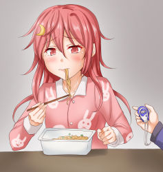 Rule 34 | 1girl, 1other, ahoge, animal print, anti (untea9), blush, bowl, chopsticks, commentary request, crescent, crescent hair ornament, cup ramen, eating, food, gradient background, grey background, hair ornament, highres, holding, instant soba, kantai collection, long hair, noodles, pajamas, pink hair, pink shirt, rabbit print, red eyes, shirt, spring onion, sweatdrop, table, upper body, uzuki (kancolle), yakisoba