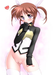 Rule 34 | 00s, 1girl, blush, bottomless, brown hair, cleft of venus, fat mons, female focus, fingerless gloves, gloves, hair ribbon, heart, long sleeves, looking at viewer, lyrical nanoha, mahou shoujo lyrical nanoha, no panties, purple eyes, pussy, ribbon, sakura ryuuken, short twintails, simple background, solo, takamachi nanoha, thighhighs, twintails, uncensored, white background
