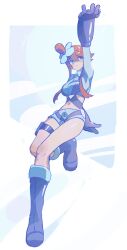 Rule 34 | 1girl, blue eyes, boots, breasts, brown hair, creatures (company), crop top, full body, game freak, gloves, highres, huanxiang huifeng, large breasts, long hair, long sleeves, medium breasts, nintendo, pokemon, pokemon bw, shorts, skyla (pokemon), solo