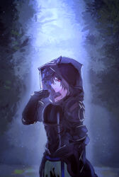 Rule 34 | 1boy, adjusting clothes, ahoge, armor, breastplate, brown hair, cape, commentary request, cowboy shot, fingerless gloves, fog, forest, gloves, granblue fantasy, green cape, hair between eyes, highres, hood, hood up, light particles, looking at viewer, makita (homosapiensu), male focus, messy hair, nature, red eyes, sandalphon (granblue fantasy), short hair, solo focus, tree