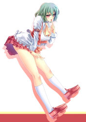 Rule 34 | 1girl, :d, arm strap, ascot, bent over, blush, finger to mouth, full body, green hair, highres, kazami yuuka, kinntarou, loafers, long sleeves, looking at viewer, miniskirt, open mouth, plaid, plaid skirt, plaid vest, red eyes, red footwear, shoes, short hair, skirt, skirt set, smile, socks, solo, touhou, vest, white background, white socks