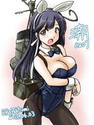 Rule 34 | 10s, 1girl, ahoge, alternate costume, backpack, bag, black hair, bow, bowtie, breasts, brown eyes, cleavage, detached collar, gradient background, kantai collection, large breasts, leotard, long hair, pantyhose, playboy bunny, solo, tatsumi ray, ushio (kancolle), wrist cuffs
