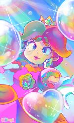 Rule 34 | 1girl, blue eyes, breasts, brown hair, bubble, bubble daisy, crown, day, dress, earrings, flower earrings, gloves, grin, heart, highres, jewelry, looking at viewer, mario (series), nat0rii, nintendo, power-up, princess daisy, puffy short sleeves, puffy sleeves, purple dress, short sleeves, smile, spoken heart, super mario bros. wonder, tomboy, upper body