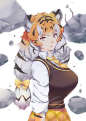 Rule 34 | 1girl, animal ear fluff, animal ears, animal print, arm at side, black hair, bow, bowtie, breasts, closed mouth, collared shirt, debris, from side, gloves, highres, kemono friends, large breasts, lips, long hair, long sleeves, looking at viewer, looking to the side, low-tied long hair, multicolored hair, necktie, nib pen (medium), orange hair, plaid, plaid skirt, print gloves, shirt, siberian tiger (kemono friends), skirt, slit pupils, smile, solo, streaked hair, sweater vest, takano itsuki, tiger ears, tiger print, traditional media, twintails, upper body, white hair, white shirt, wing collar, yellow eyes, yellow neckwear