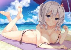 Rule 34 | 10s, 1girl, areola slip, ass, barefoot, beach, bikini, bikini pull, breasts, butt crack, cleavage, clothes pull, cloud, cloudy sky, collarbone, day, feet, grey eyes, hatsu (first snow), kantai collection, kashima (kancolle), large breasts, legs, legs up, lying, ocean, on stomach, outdoors, short hair, side-tie bikini bottom, silver hair, sky, soles, solo, strap pull, sweat, swimsuit, the pose, thighs, toes, twintails, two side up, white bikini