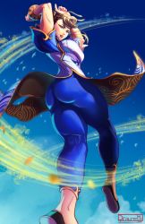 Rule 34 | 1girl, absurdres, ass, breasts, brown eyes, brown hair, capcom, china dress, chinese clothes, chun-li, double bun, drawrenja, dress, from behind, from below, hair bun, highres, jumping, leggings, looking at viewer, medium breasts, pants, shiny clothes, shiny skin, sideboob, smile, solo, street fighter, street fighter 6, thick thighs, thighs, wind