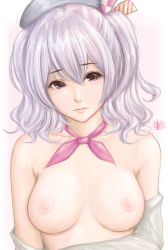 Rule 34 | 10s, 1girl, absurdres, bad id, bad pixiv id, breasts, clothes down, collarbone, eyelashes, gradient background, grey eyes, hat, highres, kantai collection, kashima (kancolle), kerchief, large breasts, lips, looking at viewer, nipples, off shoulder, open clothes, pink background, silver hair, solo, sweetsoupman, twintails, undressing, upper body, wavy hair