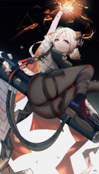 Rule 34 | 1girl, absurdres, alternate breast size, arknights, arm up, ass, bad id, bad pixiv id, black background, black footwear, black pantyhose, black ribbon, boots, breasts, commentary request, grey background, highres, horns, ifrit (arknights), leg ribbon, looking at viewer, material growth, medium breasts, omone hokoma agm, originium arts (arknights), oripathy lesion (arknights), panties, panties under pantyhose, pantyhose, red eyes, rhine lab logo, ribbon, short hair, signature, silver hair, smile, solo, thighband pantyhose, thighs, two-tone background, underwear