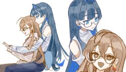 Rule 34 | 2girls, ahoge, berry, blue hair, blunt bangs, brown eyes, brown hair, brown hoodie, brown skirt, commentary request, denim, detached sleeves, earrings, glasses, hair intakes, high-waist pants, highres, hime cut, holding hands, hololive, hololive english, hood, hoodie, hsttmnax, jeans, jewelry, long hair, multicolored hair, multiple girls, nail polish, nanashi mumei, nanashi mumei (casual), official alternate costume, ouro kronii, ouro kronii (casual), oversized clothes, pants, round eyewear, shirt, sidelocks, sitting, sitting on lap, sitting on person, skirt, sleeves past wrists, streaked hair, very long hair, virtual youtuber, white shirt, yuri