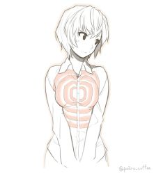 Rule 34 | 1girl, at field, ayanami rei, blush, commentary, dress shirt, highres, looking away, monochrome, neon genesis evangelion, outline, poaro, shirt, shirt tug, short hair, simple background, solo, spot color, twitter username, white background