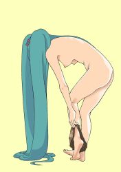 Rule 34 | 1girl, aqua hair, ass, barefoot, breasts, flat ass, full body, hatsune miku, long hair, nipples, nude, panties, simple background, skiplure, solo, twintails, underwear, undressing, very long hair, vocaloid, yellow background