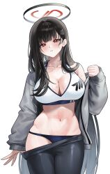 Rule 34 | 1girl, absurdres, alternate costume, black hair, blue archive, blush, breasts, cleavage, collarbone, cowboy shot, daehoak, grey jacket, hair ornament, hairclip, halo, highres, jacket, large breasts, long hair, long sleeves, navel, open clothes, open jacket, open mouth, pants, red eyes, rio (blue archive), solo, sports bra, stomach, white sports bra, yoga pants