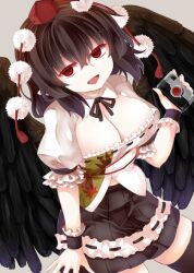 Rule 34 | 1girl, armband, bird wings, black hair, black ribbon, black skirt, black wings, breasts, camera, collared shirt, frilled skirt, frills, hat, large breasts, leaf print, pointy ears, pom pom (clothes), red eyes, red hat, ribbon, shameimaru aya, shirt, simple background, skirt, smile, solo, tokin hat, touhou, white background, white shirt, wings, zetsumame