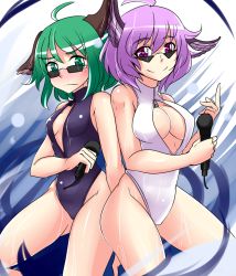 Rule 34 | 2girls, animal ears, bad id, bad twitter id, blush, breasts, choujuu gigaku, cleavage, cleavage cutout, clothing cutout, competition swimsuit, front zipper swimsuit, glasses, green eyes, green hair, hitotsuki nebura, kasodani kyouko, large breasts, looking at viewer, md5 mismatch, meme attire, microphone, multiple girls, mystia lorelei, no headwear, no headwear, no wings, one-piece swimsuit, pink eyes, pink hair, resized, short hair, small breasts, smile, sunglasses, swimsuit, touhou, wet, zipper