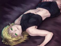Rule 34 | 1girl, bare shoulders, baten (gei-vorugu), blonde hair, breasts, covered erect nipples, female focus, green eyes, hair in own mouth, highres, lips, looking at viewer, lying, midriff, mizuhashi parsee, navel, on back, pointy ears, short hair, skirt, sleeveless, sleeveless turtleneck, solo, touhou, turtleneck