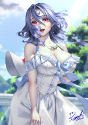Rule 34 | 1girl, :d, blue bow, blue hair, blue sky, bow, breasts, cleavage, cloud, dated, dress, hair between eyes, hair blowing, hat, highres, jewelry, large breasts, long hair, necklace, off-shoulder dress, off shoulder, open mouth, original, outdoors, red eyes, ryuki@maguro-ex, signature, sky, smile, solo, sun hat, sunlight, teeth, tree, upper teeth only, white dress