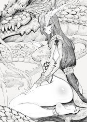 Rule 34 | 1girl, absurdres, anklet, ass, barefoot, china dress, chinese clothes, covered erect nipples, dragon, dragon girl, dress, eyelashes, highres, jeffr, jewelry, kneeling, legs, lips, long hair, looking at viewer, low ponytail, monochrome, original, scales, shiny skin, side-tie costume, side slit, sketch, solo, very long hair