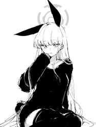 Rule 34 | 1girl, animal ears, blue archive, blush, citron80citron, fake animal ears, greyscale, halo, long hair, monochrome, rabbit ears, signature, simple background, sitting, solo, sweater, thighhighs, toki (blue archive), very long hair