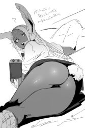 Rule 34 | 1girl, ?, alternate costume, animal ears, ass, boku no hero academia, clothes lift, dark-skinned female, dark skin, ettone, female focus, greyscale, handheld game console, highres, japanese text, long hair, looking back, lying, mirko, monochrome, nintendo switch, no panties, on bed, on side, pillow, rabbit ears, rabbit girl, rabbit tail, school uniform, simple background, skirt, socks, solo, tail, thighs, translation request, white background