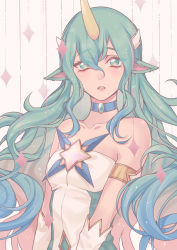 Rule 34 | 1girl, alternate costume, alternate eye color, alternate hair color, alternate hairstyle, aqua eyes, aqua hair, bare shoulders, breasts, elbow gloves, gloves, highres, horns, league of legends, long hair, looking at viewer, magical girl, medium breasts, open mouth, pointy ears, single horn, solo, soraka (league of legends), star guardian (league of legends), star guardian soraka, upper body, very long hair, white gloves