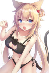 Rule 34 | 1girl, absurdres, akai haato, animal ears, blonde hair, blue eyes, blush, breasts, cat ears, cat lingerie, cat tail, cleavage, fang, full-face blush, hair ornament, heart, heart hair ornament, highres, hololive, kurohikage, large breasts, long hair, looking at viewer, medium breasts, meme attire, open mouth, paw pose, simple background, solo, tail, virtual youtuber