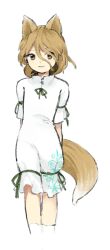 Rule 34 | 1girl, animal ears, bow, brown eyes, brown hair, closed mouth, fox ears, fox girl, fox tail, green bow, hair between eyes, jumpsuit, kaigen 1025, kudamaki tsukasa, light brown hair, looking to the side, short hair, short sleeves, simple background, smile, socks, solo, standing, tail, touhou, wavy hair, white background, white jumpsuit, white sleeves, white socks