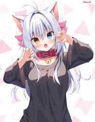 Rule 34 | 1girl, aina rive, animal ear fluff, animal ears, bell, black shirt, blue eyes, blush, bow, breasts, cat ears, collar, collarbone, commentary request, grey hair, hair between eyes, hair bow, hair intakes, head tilt, heterochromia, highres, jingle bell, long hair, long sleeves, mauve, medium breasts, neck bell, original, pink bow, red collar, shirt, solo, twitter username, very long hair, white background, wide sleeves, yellow eyes