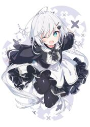 Rule 34 | 1girl, ahoge, aqua eyes, black capelet, black dress, capelet, commentary request, dot nose, dress, frilled dress, frilled skirt, frills, full body, hair ornament, hair scrunchie, hairclip, highres, kiya machi, long hair, long sleeves, looking at viewer, official art, one eye closed, open mouth, pantyhose, scrunchie, second-party source, shirahoshi anne, showroom (site), simple background, skirt, smile, swept bangs, two-tone dress, white background, white dress, white footwear, white hair