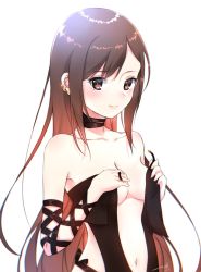 Rule 34 | 1girl, arm ribbon, black collar, black dress, blush, breasts, brown hair, center opening, collar, collarbone, dress, ear piercing, fate/grand order, fate (series), hige (693273545), long hair, looking at viewer, medium breasts, navel, piercing, revealing clothes, ribbon, simple background, smile, solo, strapless, strapless dress, tying, very long hair, white background, yu mei-ren (fate)