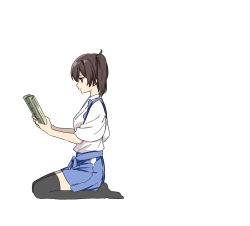 Rule 34 | 1girl, bad id, bad pixiv id, black thighhighs, blue skirt, book, brown eyes, brown hair, from side, hip vent, holding, holding book, japanese clothes, kaga (kancolle), kantai collection, kimono, marimuu, no shoes, open book, profile, reading, seiza, short hair, short sleeves, side ponytail, simple background, sitting, skirt, solo, thighhighs, white background, white kimono, wide sleeves, zettai ryouiki