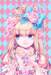 Rule 34 | 1girl, 2015, argyle, argyle background, argyle clothes, blonde hair, blue bow, blue eyes, blue nails, bow, breasts, cellphone, cleavage, closed mouth, collarbone, commentary request, dot nose, earrings, eyelashes, eyes visible through hair, fingernails, flower, flower earrings, frilled sleeves, frills, gem, hair bow, hair flower, hair ornament, hair over shoulder, half updo, hands up, heart, heart-shaped pupils, iphone, jewelry, lace-trimmed bow, lace trim, large bow, lips, long fingernails, long hair, looking away, looking to the side, nail art, nail polish, necklace, nengajou, new year, nib pen (medium), no eyebrows, original, pastel colors, pearl (gemstone), pearl necklace, phone, pink flower, pink ribbon, pink rose, puffy short sleeves, puffy sleeves, purple nails, ribbon, rose, short sleeves, simple background, smartphone, smartphone case, smile, solo, striped, striped bow, symbol-shaped pupils, traditional media, two-tone background, upper body, white flower, white rose