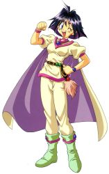 Rule 34 | 1990s (style), 1girl, amelia wil tesla seyruun, araizumi rui, blue eyes, boots, bracelet, cape, clenched hands, hand on own hip, jewelry, looking at viewer, official art, one eye closed, open mouth, purple hair, retro artstyle, short hair, simple background, slayers, white background