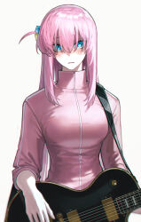 Rule 34 | 1girl, blue eyes, blush, bocchi the rock!, breasts, despair, gotoh hitori, guitar, hair between eyes, highres, holding, holding instrument, instrument, jacket, large breasts, looking at viewer, pink hair, pink jacket, rhine (overtonerhine), shaded face, shoulder strap, simple background, sleeves rolled up, solo, turtleneck, turtleneck jacket, upper body, white background