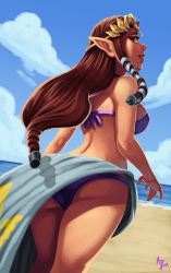 Rule 34 | 1girl, absurdres, ass, back, beach, bikini, blue sky, breasts, brown hair, cloud, commentary, day, eyelashes, forehead jewel, from behind, hair ribbon, hair tubes, highres, long hair, low-tied long hair, medium breasts, nintendo, no lineart, ocean, outdoors, parsujera, pointy ears, princess zelda, red eyes, revision, ribbon, sarong, sideboob, sidelocks, sky, smile, solo, swimsuit, the legend of zelda, the legend of zelda: twilight princess, thighs, tiara