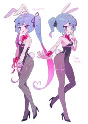 Rule 34 | 1girl, animal ears, batrobin k, black pantyhose, blue hair, breasts, colored inner hair, detached collar, dual persona, fishnet pantyhose, fishnets, hatsune miku, high heels, highres, leotard, long hair, multicolored hair, pantyhose, playboy bunny, rabbit ears, rabbit hole (vocaloid), rabbit tail, short hair, simple background, small breasts, tail, twintails, vocaloid, white background
