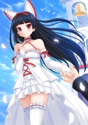 Rule 34 | 10s, 1girl, animal ears, bare shoulders, bell, bird, black hair, blue sky, blunt bangs, blush, bow, breasts, bridal garter, building, cat ears, choker, church, cleavage, closed mouth, collar, collarbone, cowboy shot, criss-cross halter, cross-laced clothes, day, detached collar, detached sleeves, dress, fake animal ears, frilled collar, frills, gate - jieitai ka no chi nite kaku tatakaeri, hair bow, halterneck, hand on own chest, highres, holding hands, jewelry, kazenokaze, layered dress, long sleeves, looking at viewer, outdoors, petals, pov, pov hands, red bow, red eyes, ring, rory mercury, sky, sleeveless, sleeveless dress, small breasts, smile, solo focus, tareme, thighhighs, wedding, wedding band, wedding dress, white dress, white thighhighs, window, zettai ryouiki