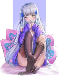 Rule 34 | 1girl, black thighhighs, blue hair, blunt bangs, blush, convenient leg, covering own mouth, facial mark, feet, full body, girls&#039; frontline, green eyes, hair ornament, head tilt, himonoata, hk416 (girls&#039; frontline), holding, holding own hair, knees up, long hair, long sleeves, looking at viewer, off shoulder, pillow, shirt, sitting, solo, thighhighs, thighhighs pull, two-tone background, very long hair, yes, yes-no pillow