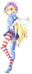 Rule 34 | 1girl, ;p, absurdres, american flag dress, american flag legwear, ass, blonde hair, blush, bright pupils, clownpiece, dress, fairy wings, full body, hair between eyes, hat, highres, hiro (pqtks113), jester cap, long hair, looking at viewer, neck ruff, no shoes, one eye closed, pantyhose, pointy ears, polka dot, purple hat, red eyes, short dress, short sleeves, simple background, solo, standing, standing on one leg, star (symbol), star print, striped, tongue, tongue out, touhou, very long hair, white background, wings