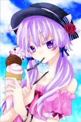 Rule 34 | 1girl, ahoge, bare shoulders, black hat, blue bow, blue ribbon, blue sky, blush, bow, bracelet, cloud, collarbone, colored eyelashes, day, fedora, flower, food, frills, hair ribbon, hair tubes, halterneck, hat, hat bow, hat flower, head tilt, ice cream, ice cream cone, in mouth, index finger raised, jewelry, looking at viewer, off-shoulder shirt, off shoulder, pink shirt, puffy short sleeves, puffy sleeves, purple eyes, purple hair, red flower, red ribbon, red rose, ribbon, rose, shirt, short sleeves, sky, solo, striped, striped bow, tsurime, vocaloid, voiceroid, yoitsukishin, yuzuki yukari