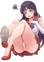 Rule 34 | 1girl, :o, absurdres, annoyed, ass, bare legs, bishoujo senshi sailor moon, black hair, blush, bow, brooch, choker, circlet, earrings, elbow gloves, full body, gloves, heart, heart brooch, high heels, highres, hino rei, jewelry, legs, leotard, leotard peek, long hair, looking at viewer, magical girl, open mouth, panties, pleated skirt, purple bow, purple eyes, red choker, red footwear, red sailor collar, red skirt, sailor collar, sailor mars, sailor senshi uniform, simple background, sitting, skirt, solo, squiggle, srn ana, star (symbol), star choker, star earrings, super sailor mars, underwear, upskirt, white background, white gloves