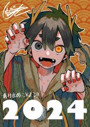 Rule 34 | 1boy, 2024, child, chinese zodiac, commentary request, fang, green hair, hair between eyes, happy new year, heterochromia, highres, japanese clothes, male focus, new year, open mouth, original, red nails, shinagire (sinanohaka), smile, solo, upper body, year of the dragon