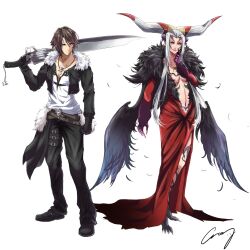 Rule 34 | 1boy, 1girl, black footwear, black gloves, black jacket, black pants, black wings, body markings, breasts, brown hair, chain necklace, clawed feet, claws, cleavage, crazy02oekaki, cropped jacket, dissidia final fantasy, dress, facial mark, falling feathers, feathers, final fantasy, final fantasy viii, finger to mouth, full body, fur-trimmed jacket, fur trim, gloves, grey hair, gunblade, hair horns, highres, jacket, jewelry, long bangs, long sleeves, medium breasts, navel, necklace, orange eyes, over shoulder, pants, parted bangs, plunging neckline, red dress, scar, scar on face, scar on forehead, shirt, short hair, signature, standing, ultimecia, weapon, weapon over shoulder, white background, white shirt, wings