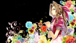 Rule 34 | 1girl, aerith gainsborough, bangle, black background, blue flower, bracelet, braid, braided ponytail, breasts, brown hair, cleavage, cropped jacket, dress, final fantasy, final fantasy vii, floral background, flower, green eyes, hair ribbon, jacket, jewelry, looking to the side, medium breasts, own hands clasped, own hands together, parted bangs, pink dress, pink ribbon, puffy short sleeves, puffy sleeves, red flower, red jacket, ribbon, shiawase usagi, short sleeves, sidelocks, solo, square enix, upper body, yellow flower