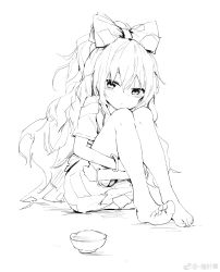 Rule 34 | 1girl, absurdres, bangle, bare shoulders, barefoot, bow, bowl, bracelet, chen bin, damaged, dorsiflexion, feet, greyscale, hair bow, highres, hood, hoodie, jewelry, knees up, long hair, looking at viewer, miniskirt, monochrome, simple background, sitting, sketch, skirt, solo, touhou, very long hair, watermark, weibo logo, weibo watermark, white background, yorigami shion