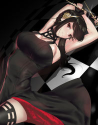 Rule 34 | 1girl, absurdres, arms up, black dress, black gloves, black hair, breasts, closed mouth, dagger, dress, earrings, fingerless gloves, flower, gloves, gold hairband, hair flower, hair ornament, hairband, highres, holding, holding weapon, jewelry, knife, large breasts, long hair, looking at viewer, lying, nail polish, off-shoulder dress, off shoulder, red eyes, red nails, solo, spy x family, stiletto (weapon), tagme, weapon, yor briar, yukidaruma
