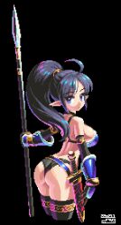 Rule 34 | 1girl, ahoge, armored gloves, back, bare shoulders, belt, black background, black panties, black thighhighs, blue belt, blue bra, blue eyes, bra, closed mouth, commentary request, dagger, from behind, holding, holding weapon, knife, long hair, looking back, mabius, original, panties, pixel art, pointy ears, polearm, ponytail, sheath, sheathed, simple background, solo, spear, standing, thighhighs, underwear, weapon
