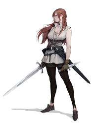 Rule 34 | 1girl, belt, braid, breasts, brown hair, cleavage, dagger, dongho kang, highres, holding, holding weapon, knife, long hair, original, scabbard, sheath, solo, sword, weapon