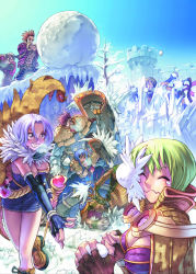Rule 34 | 4girls, 5boys, abs, alchemist (ragnarok online), animal print, armor, assassin (ragnarok online), black coat, blonde hair, blue dress, blue hair, breastplate, breasts, brown cape, brown eyes, brown hair, brown pants, cape, capelet, castle, cleavage, clenched teeth, cliff, closed eyes, closed mouth, coat, crusader (ragnarok online), dress, falling, full body, fur capelet, fur jacket, gauntlets, green hair, grin, hair between eyes, high collar, highres, holding, holding shield, holding snowball, holding staff, holding weapon, in the face, jacket, light purple hair, long hair, looking at another, looking to the side, mace, medium breasts, multiple boys, multiple girls, myung-jin lee, official art, open mouth, pants, pauldrons, ponytail, potion, priest (ragnarok online), pushing, ragnarok online, red coat, red hair, red jacket, red scarf, rogue (ragnarok online), rolling, sage (ragnarok online), scarf, shield, short dress, short hair, shoulder armor, smile, snow, snowball, snowball fight, sparkling eyes, staff, standing, teeth, throwing, tiger print, upper body, wavy mouth, weapon, winter, wizard (ragnarok online)